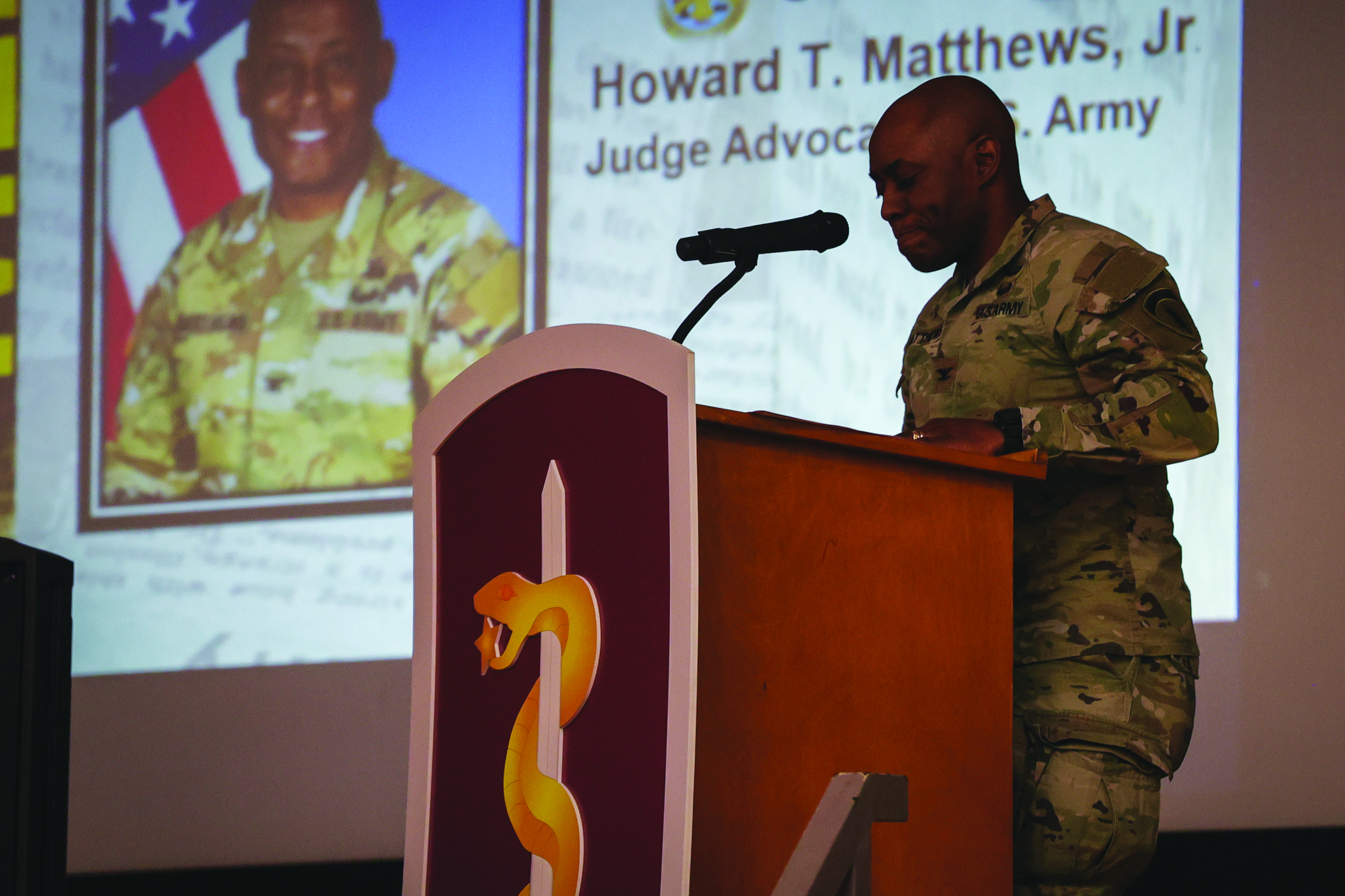 COL Howard Matthews Jr., JA at U.S. Army
            Europe and Africa, gives remarks as the
            guest speaker at the Martin Luther King Jr.
            Day observance at Tiger Theater, Sembach
            Kaserne, Germany, on 16 January 2024.
            COL Matthews gave a detailed speech about
            the importance of MLK’s legacy and the
            impact he made. COL Matthews spoke about
            MLK’s ideals and how people must consis
            -
            tently keep his values of change in mind if
            they want to see the change he envisioned
            for America. (Credit: SPC Samuel Signor)